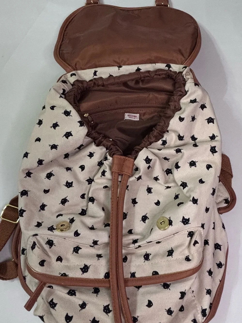 Canvas Cat Print Drawstring Backpack with Brown Faux Leather Trim